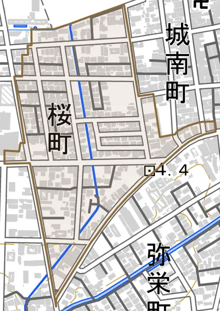桜町とその周辺の地図。町の範囲を重ねている