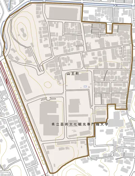 山王町とその周辺の地図。町の範囲を重ねている