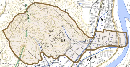 佐野とその周辺の地図。町の範囲を重ねている