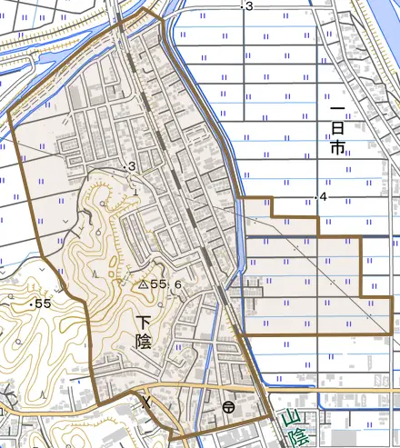 下陰とその周辺の地図。町の範囲を重ねている