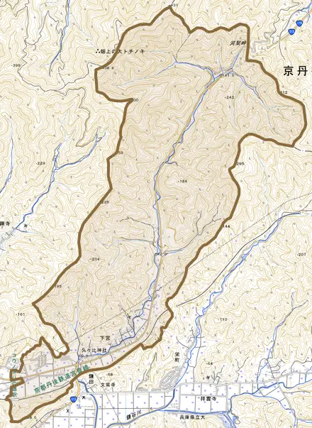 下宮とその周辺の地図。町の範囲を重ねている