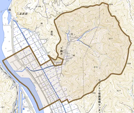 下鶴井とその周辺の地図。町の範囲を重ねている
