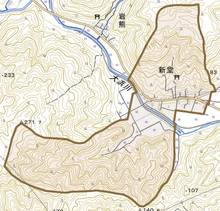 新堂とその周辺の地図。町の範囲を重ねている