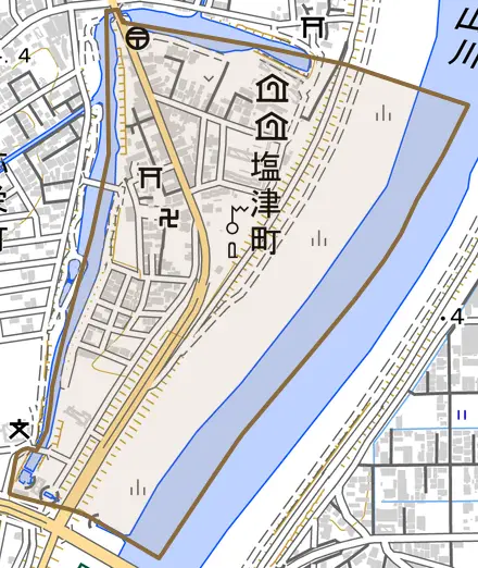 塩津町とその周辺の地図。町の範囲を重ねている