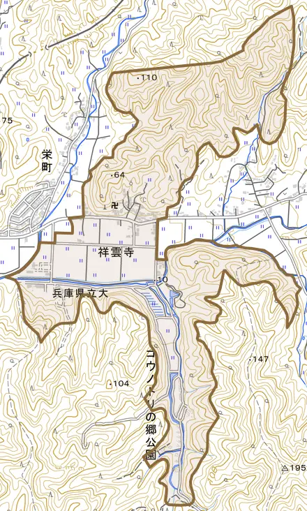 祥雲寺とその周辺の地図。町の範囲を重ねている