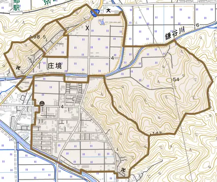 庄境とその周辺の地図。町の範囲を重ねている