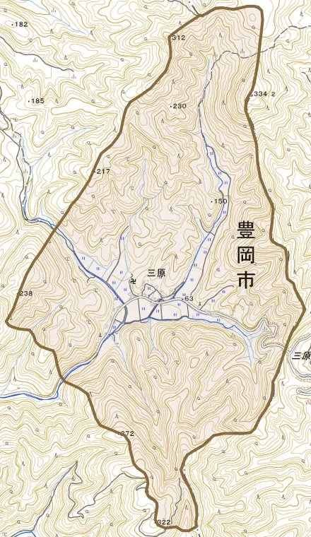 三原とその周辺の地図。町の範囲を重ねている