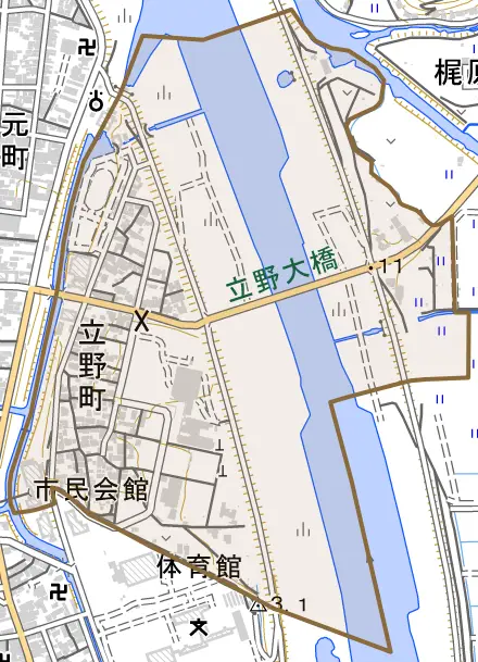 立野町とその周辺の地図。町の範囲を重ねている