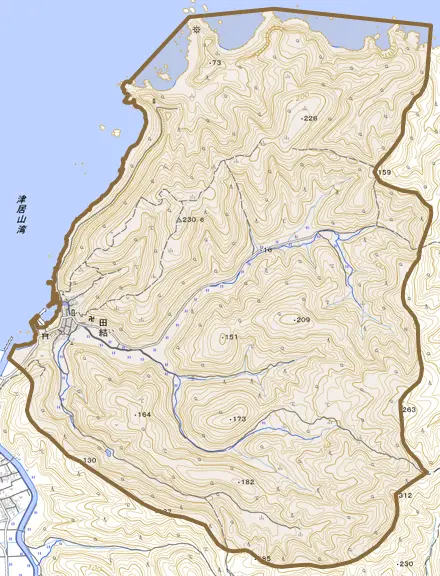 田結とその周辺の地図。町の範囲を重ねている