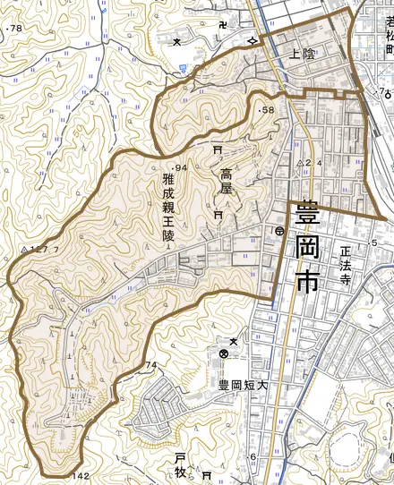 高屋とその周辺の地図。町の範囲を重ねている