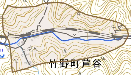 竹野町芦谷とその周辺の地図。町の範囲を重ねている