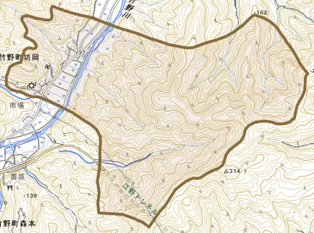 竹野町坊岡とその周辺の地図。町の範囲を重ねている
