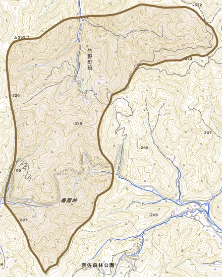 竹野町段とその周辺の地図。町の範囲を重ねている