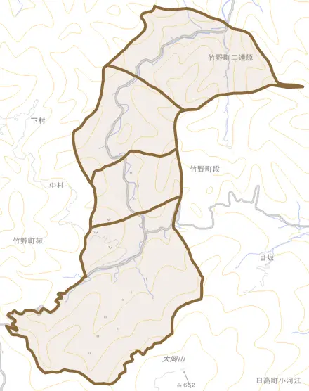 竹野町椒とその周辺の地図。町の範囲を重ねている