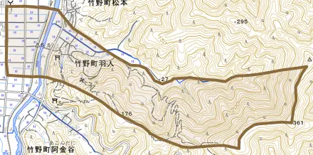 竹野町羽入とその周辺の地図。町の範囲を重ねている