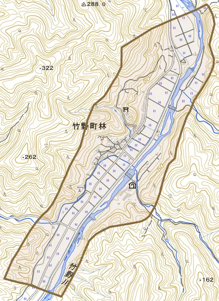 竹野町林とその周辺の地図。町の範囲を重ねている