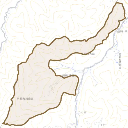 竹野町川南谷とその周辺の地図。町の範囲を重ねている