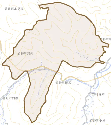竹野町河内とその周辺の地図。町の範囲を重ねている