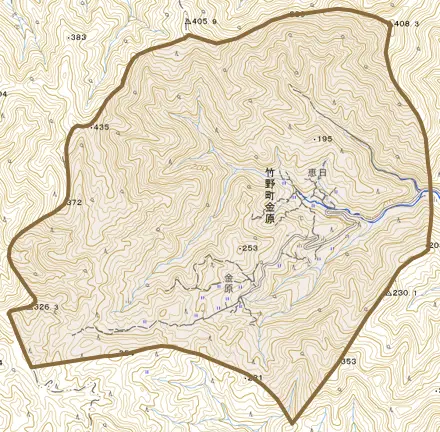 竹野町金原とその周辺の地図。町の範囲を重ねている
