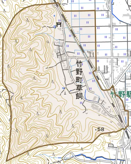 竹野町草飼とその周辺の地図。町の範囲を重ねている