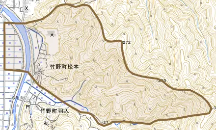 竹野町松本とその周辺の地図。町の範囲を重ねている
