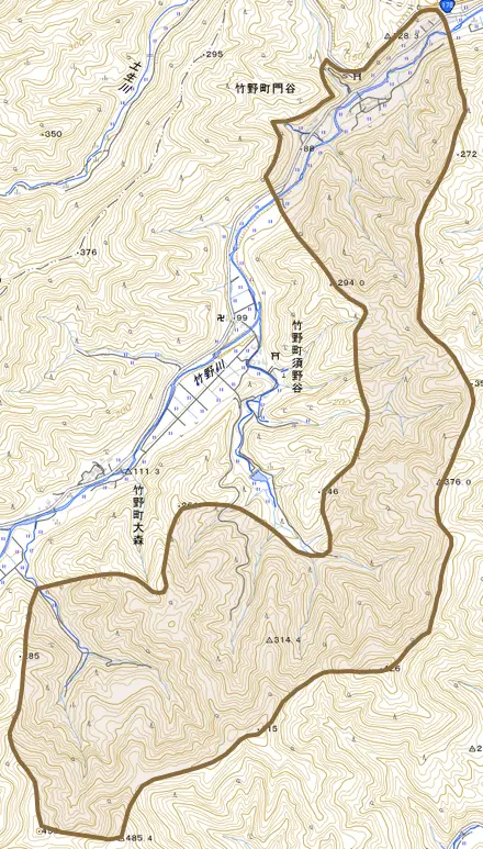 竹野町門谷とその周辺の地図。町の範囲を重ねている