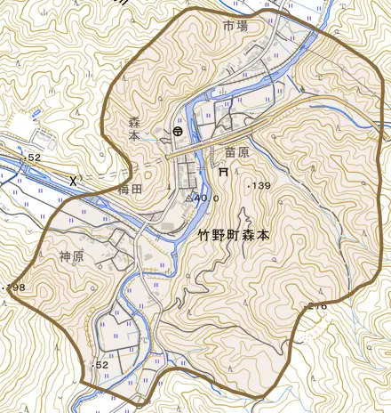竹野町森本とその周辺の地図。町の範囲を重ねている