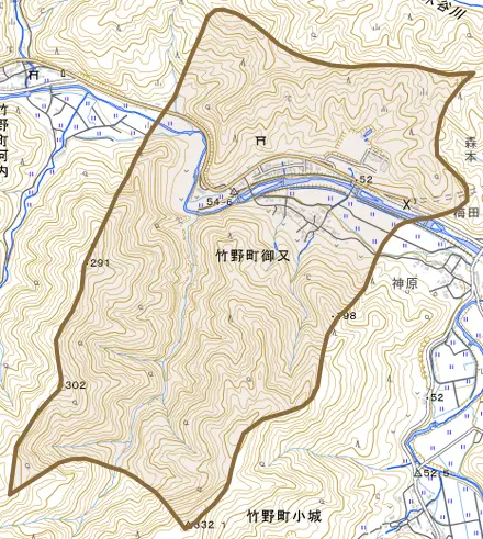 竹野町御又とその周辺の地図。町の範囲を重ねている