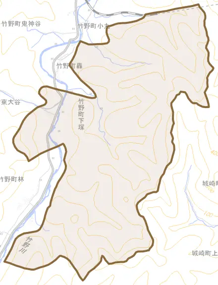 竹野町下塚とその周辺の地図。町の範囲を重ねている