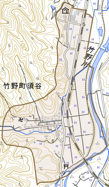 竹野町須谷とその周辺の地図。町の範囲を重ねている