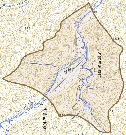竹野町須野谷とその周辺の地図。町の範囲を重ねている
