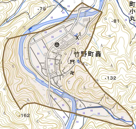竹野町轟とその周辺の地図。町の範囲を重ねている