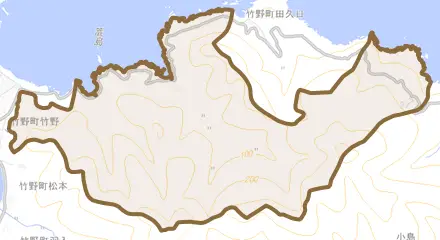 竹野町宇日とその周辺の地図。町の範囲を重ねている