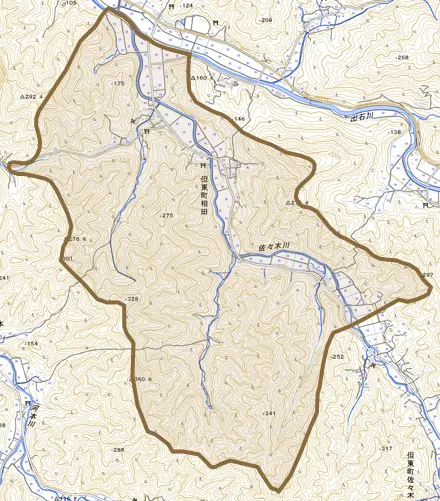 但東町相田とその周辺の地図。町の範囲を重ねている