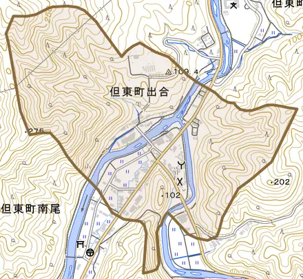 但東町出合とその周辺の地図。町の範囲を重ねている