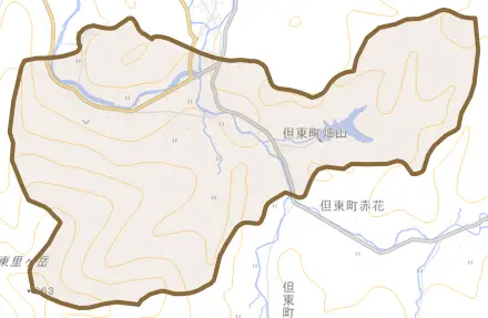 但東町畑山とその周辺の地図。町の範囲を重ねている