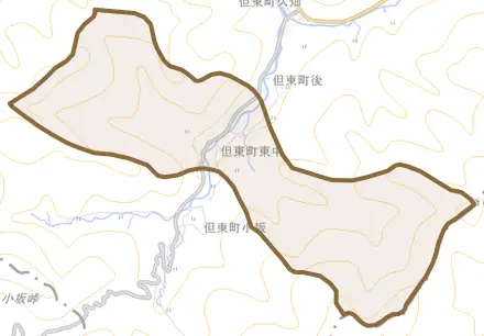 但東町東中とその周辺の地図。町の範囲を重ねている