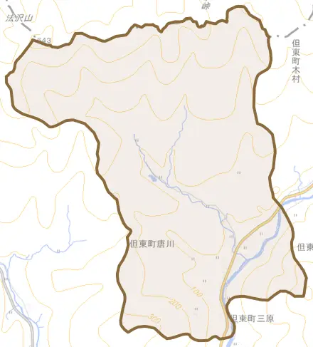 但東町唐川とその周辺の地図。町の範囲を重ねている