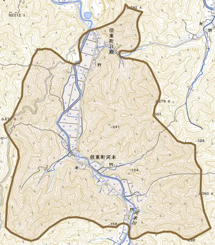 但東町河本とその周辺の地図。町の範囲を重ねている