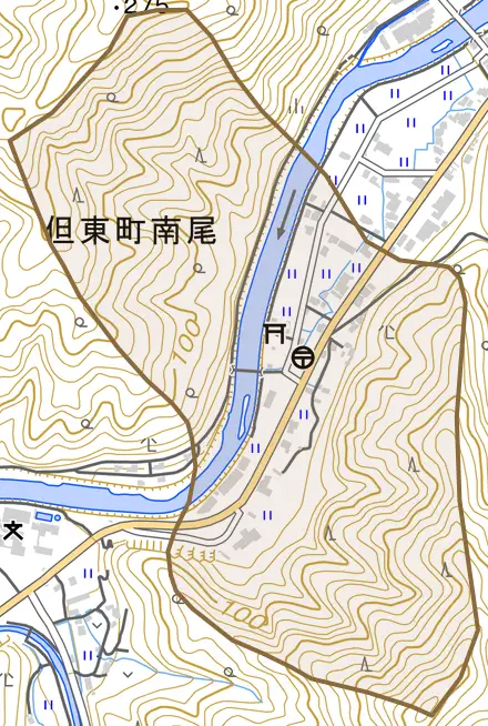 但東町南尾とその周辺の地図。町の範囲を重ねている