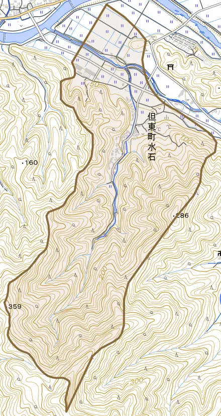 但東町水石とその周辺の地図。町の範囲を重ねている