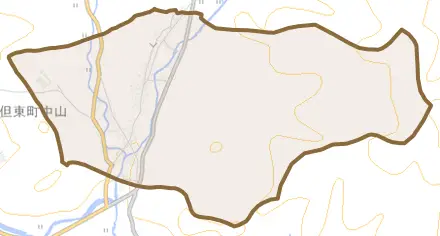 但東町中山とその周辺の地図。町の範囲を重ねている