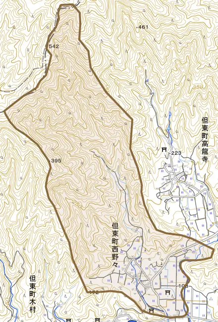 但東町西野々とその周辺の地図。町の範囲を重ねている