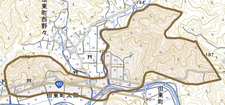 但東町太田とその周辺の地図。町の範囲を重ねている
