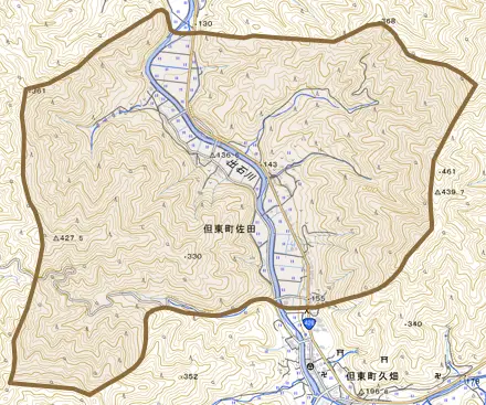 但東町佐田とその周辺の地図。町の範囲を重ねている