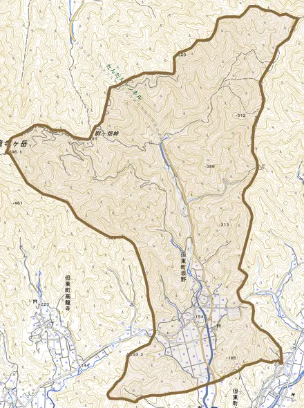 但東町坂野とその周辺の地図。町の範囲を重ねている
