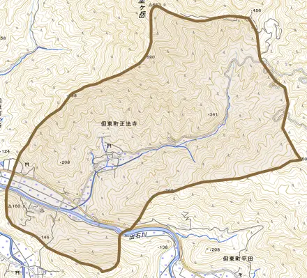 但東町正法寺とその周辺の地図。町の範囲を重ねている