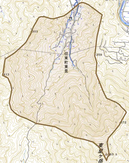 但東町東里とその周辺の地図。町の範囲を重ねている