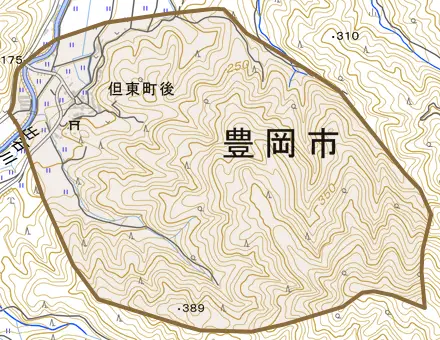 但東町後とその周辺の地図。町の範囲を重ねている