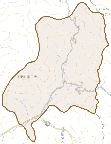 但東町薬王寺とその周辺の地図。町の範囲を重ねている